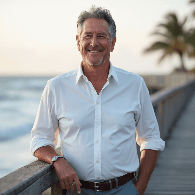 AI generated outdoor headshot of a man leaning on railing with waterfront background