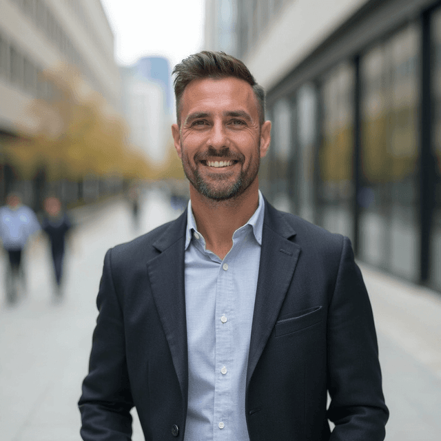 AI generated outdoor headshot of a male with blur city background