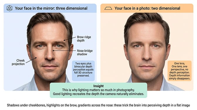 Demonstration of how 3D facial features get flattened in a 2D photograph