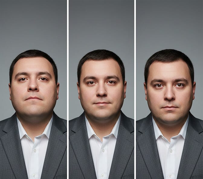 Camera positioned slightly above eye level to create a slimming and flattering headshot angle
