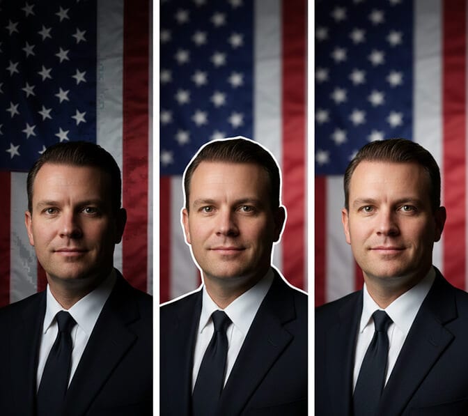 Comparison of AI-generated American flag headshot versus studio backdrop and Photoshop composite