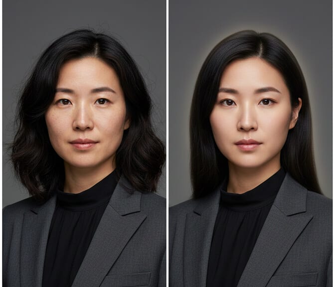 AI headshot showing unnatural hair edges and halo effect