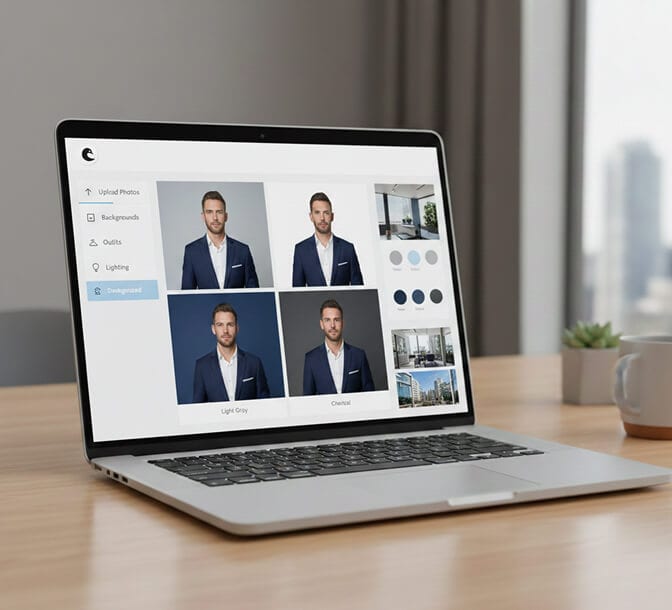 AI-generated headshots showing the same person against multiple background color options
