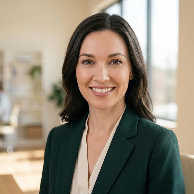 Professional AI headshot of a woman in a dark green blazer and cream blouse against a softly blurred office background showing the warm, even, flattering light AI tools produce on every frame
