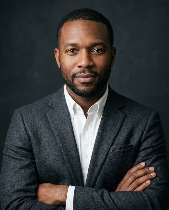 Professional AI headshot of a man in a dark gray blazer and white shirt with arms crossed against a dark studio background showing the polished, confident result that emerges once the mechanical failures around the face are fixed
