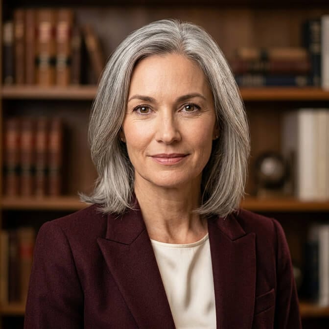 Professional AI headshot of a mature woman with gray hair in a burgundy blazer and cream top against a warm library bookshelf background showing the polished, true-to-life result that comes from a stress free AI headshot session