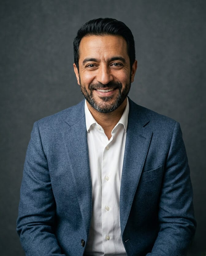 Professional AI headshot of a man in a blue blazer and white shirt against a dark studio background with a warm genuine smile showing the kind of accurate, recognizable likeness a quality AI tool preserves
