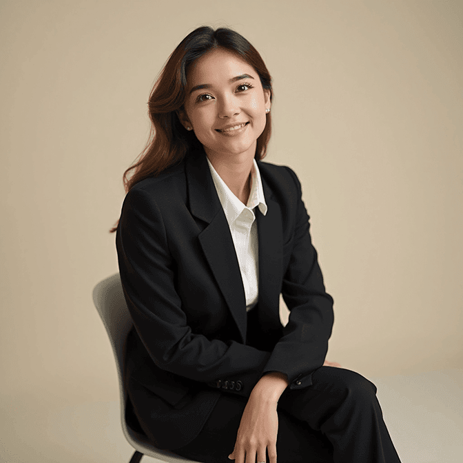 Woman in a black suit seated at a slight angle to the camera with a relaxed, natural smile against a beige background