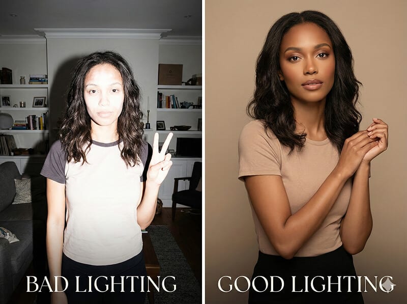 Side-by-side comparison labelled bad lighting and good lighting, showing how dim mixed indoor light flattens a face while soft directional light gives it depth and even skin tone.