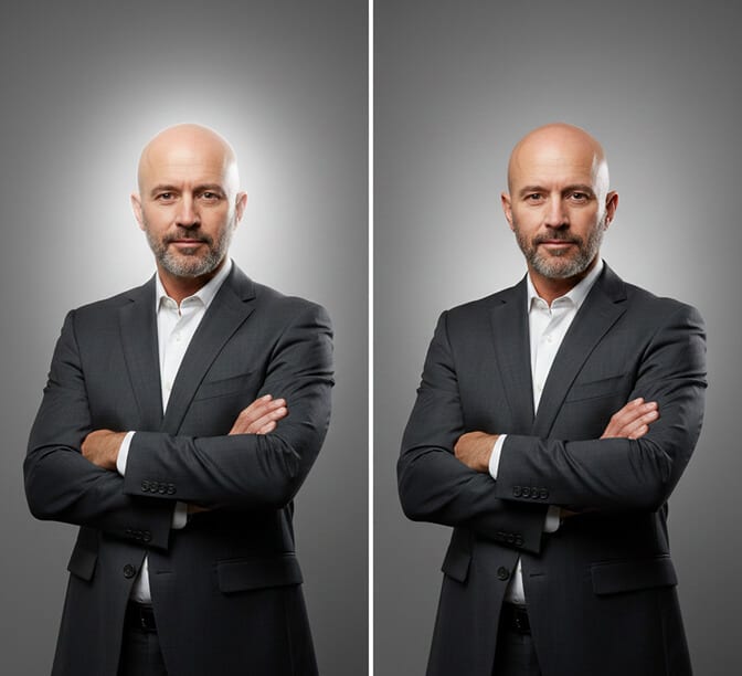 Background lighting setup for bald head portraits showing proper separation without hair light