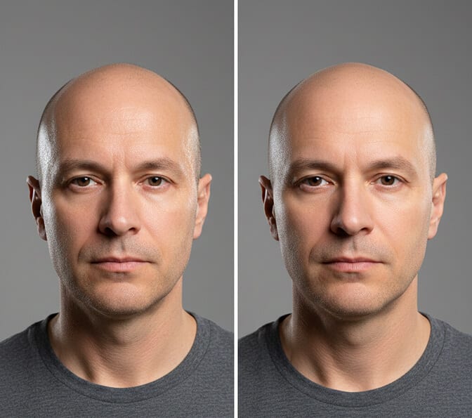 Professional bald headshot result showing properly prepped scalp with mattifying powder