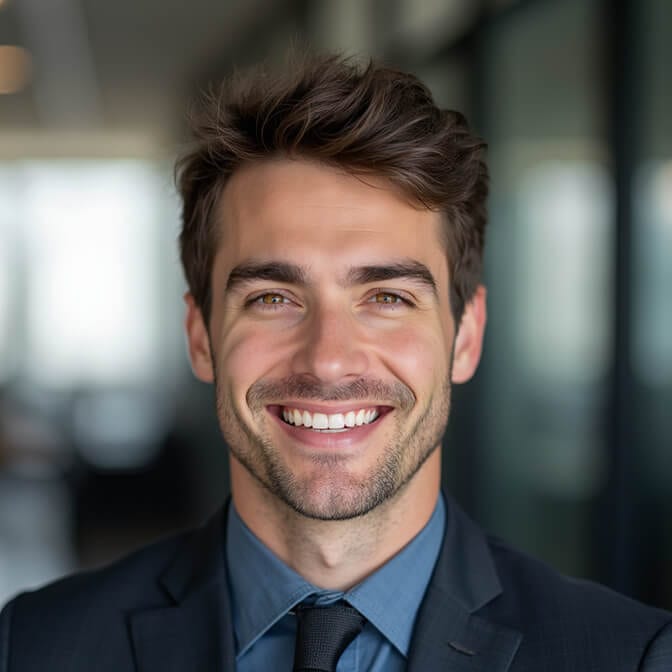 headshot of a professional man smiling with attention to groomed eyebrows, nose, and ears