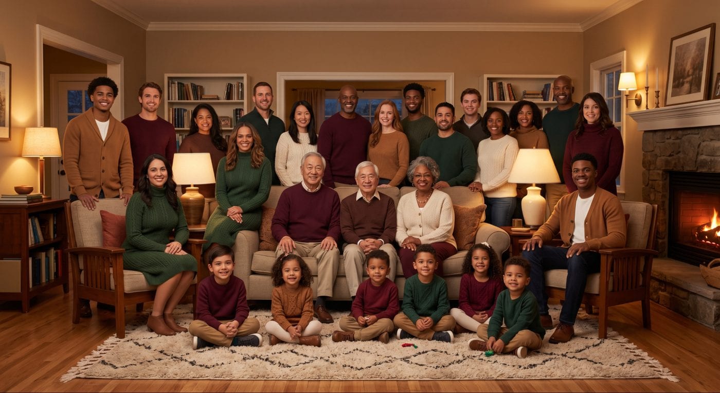 Burgundy, caramel and cream color scheme for large group family photos, living room with a lit fireplace