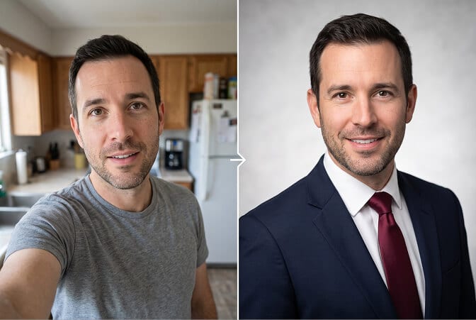 CEO headshot from a selfie, before and after: a casual kitchen selfie in a gray t-shirt on the left, and the same man as a studio-style executive headshot in a navy suit and burgundy tie on the right