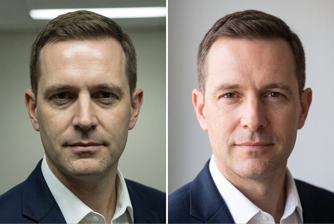 CEO headshot lighting comparison of the same executive: harsh overhead office lighting with shadowed eyes on the left, soft window light from one side with natural skin tones on the right