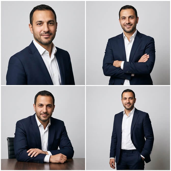 Four CEO poses for men shown by the same executive in a navy suit: shoulders angled with face to camera, arms loosely crossed, seated lean-in at a desk, and standing with one hand in pocket