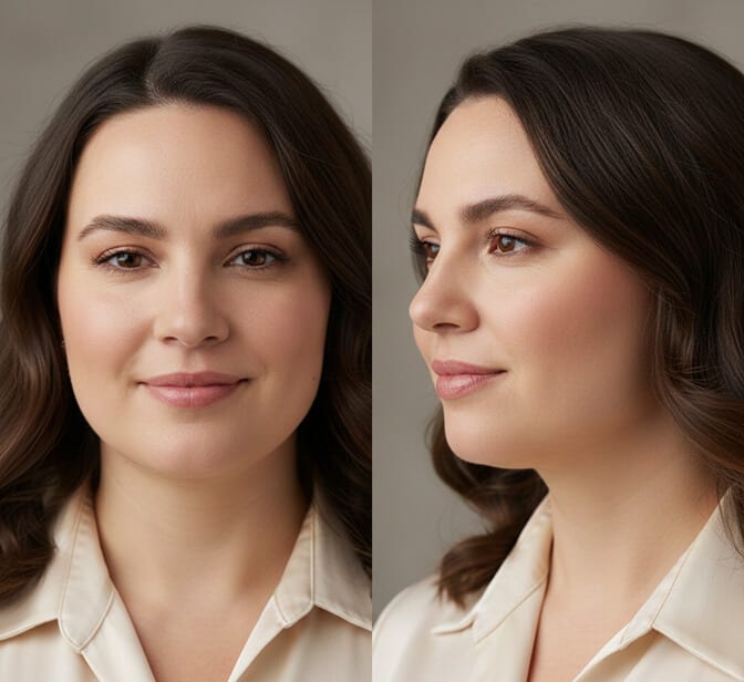 Person demonstrating the chin push turtle pose to define jawline in headshots