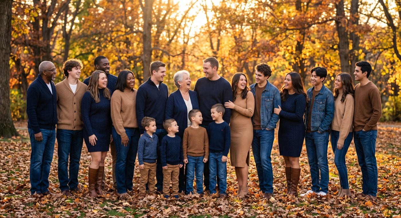 Chocolate brown and navy color scheme for large group family photos, autumn park at golden hour