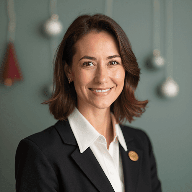 Female creative professional LinkedIn headshot with a soft blurred background