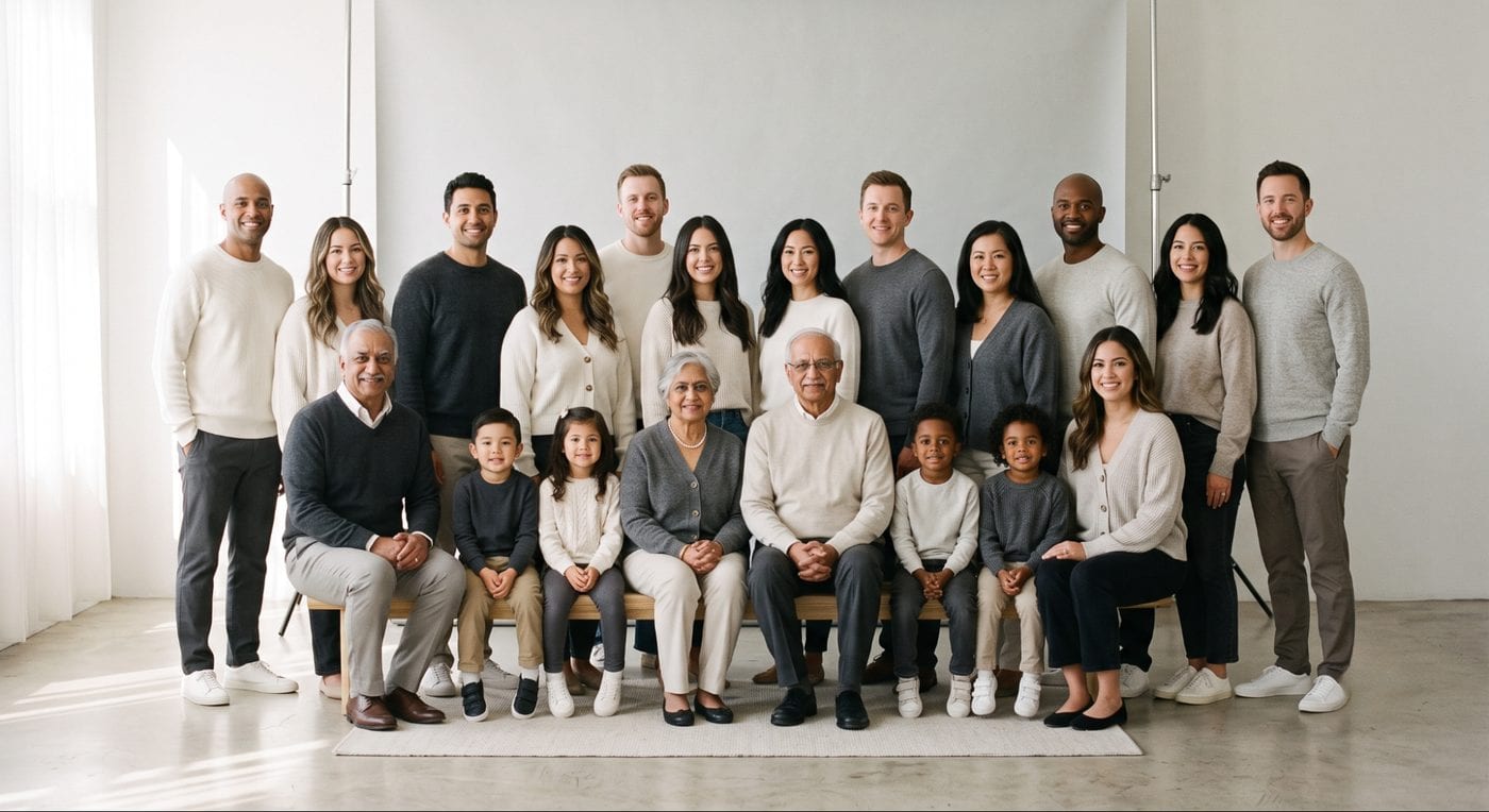 Cloud Dancer off white and charcoal color scheme for large group family photos, bright minimalist studio