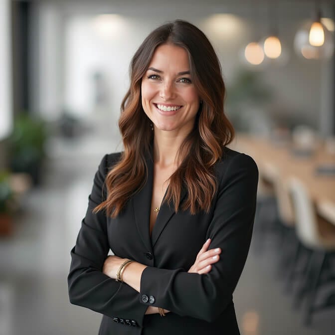 professional female headshot smiling confidently in a tech startup setting.