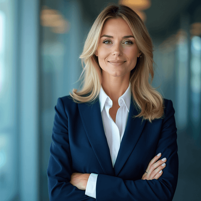 Female legal professional LinkedIn headshot in a navy blazer against a soft office background