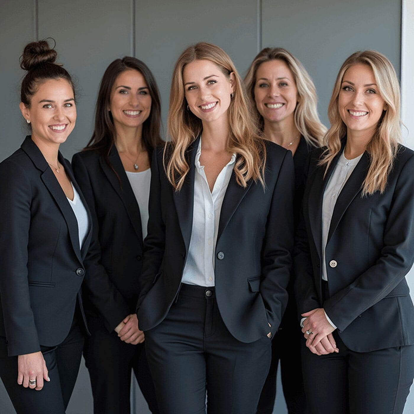 Five women in matching black blazers standing shoulder to shoulder in a slightly staggered line against a pale office wall, angled toward the camera.