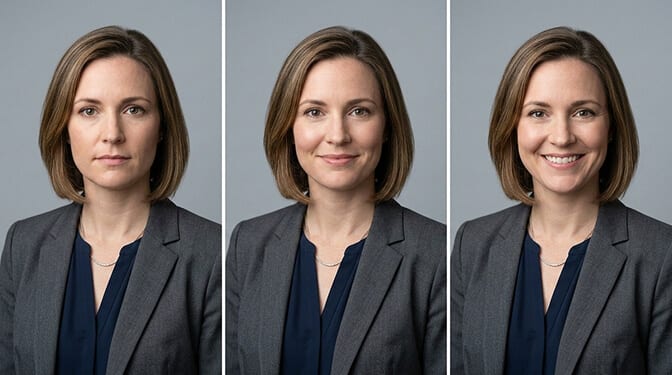Corporate headshot expression examples showing warm genuine smile with direct eye contact