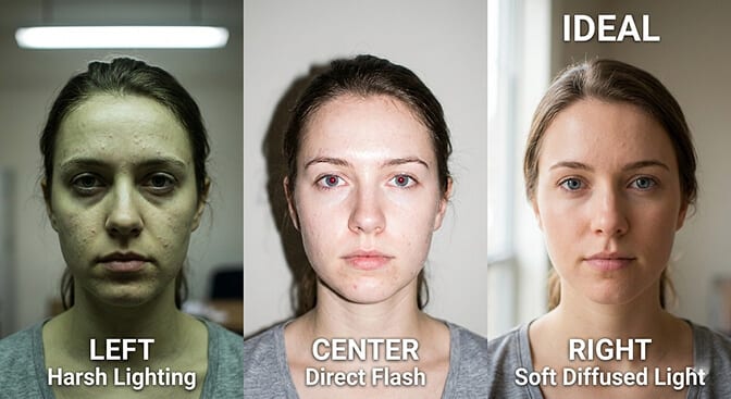 Corporate headshot lighting comparison showing soft diffused window light versus harsh overhead fluorescent lighting
