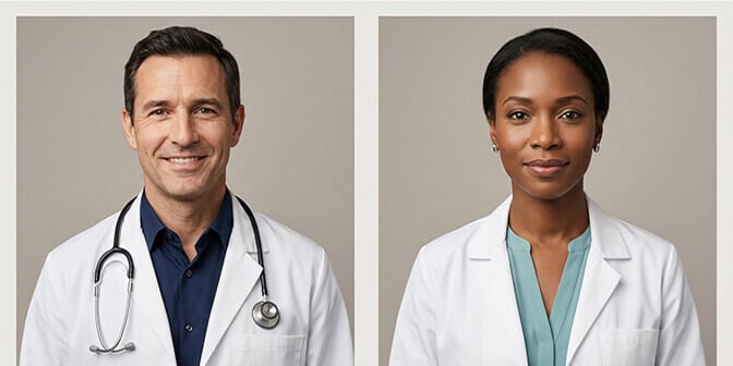 Healthcare headshot outfit guide showing white lab coat styling for doctors and professional alternatives for non clinical medical staff