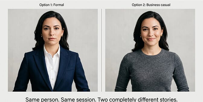 Side by side comparison of formal and business casual headshot outfit options demonstrating the bring two options rule