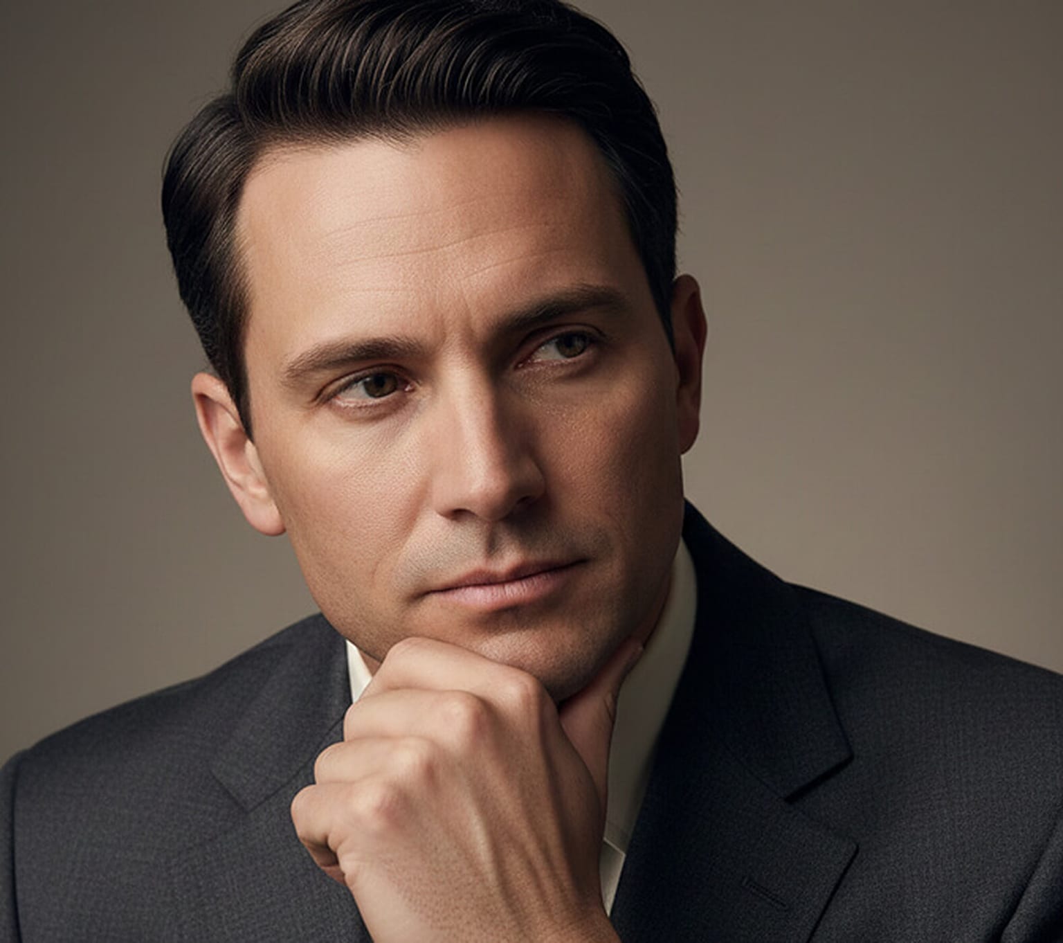 Close-crop portrait of a man in a grey suit resting a loosely curled hand against his chin and jaw, looking slightly off-camera against a warm neutral backdrop, a thoughtful corporate portrait pose.
