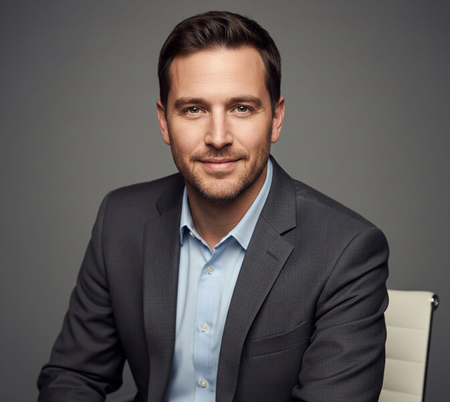 Man in a charcoal blazer and light blue shirt seated on a white chair leaning slightly toward the camera with a warm half-smile against a grey backdrop, a welcoming corporate headshot pose.