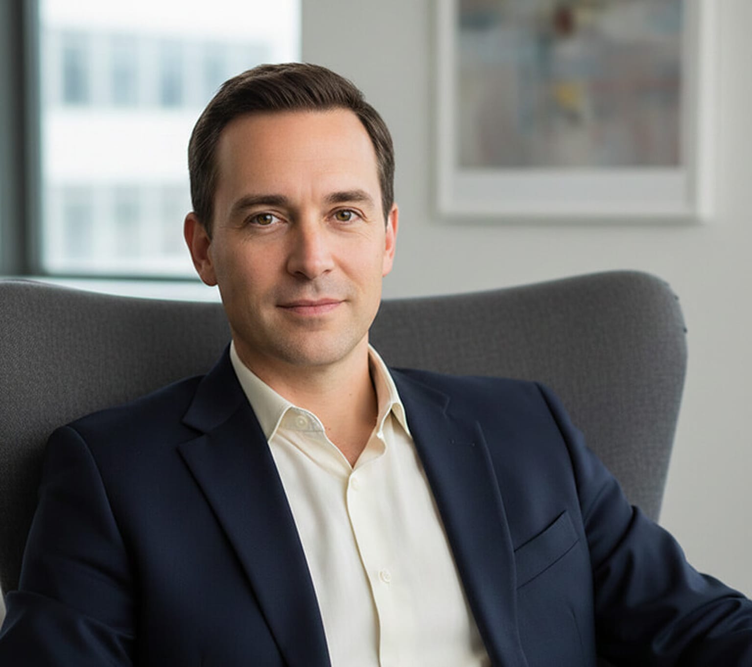 Man in a navy suit jacket and cream open-collar shirt seated in a grey armchair, shoulders squared to the camera and chin level, in a bright office corporate portrait pose.