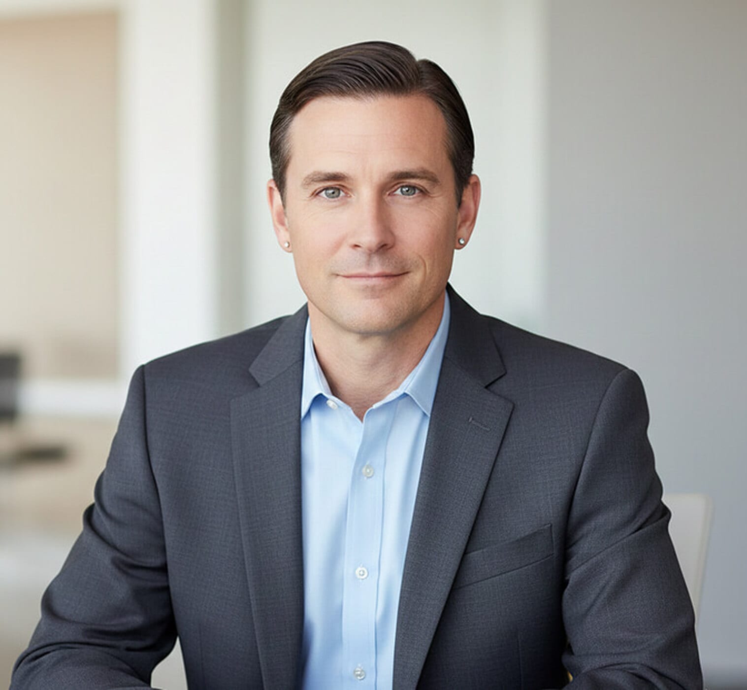 Man in a charcoal blazer and light blue shirt seated with his elbows resting on a desk, leaning slightly toward the camera in a bright office, an engaged seated corporate headshot pose.
