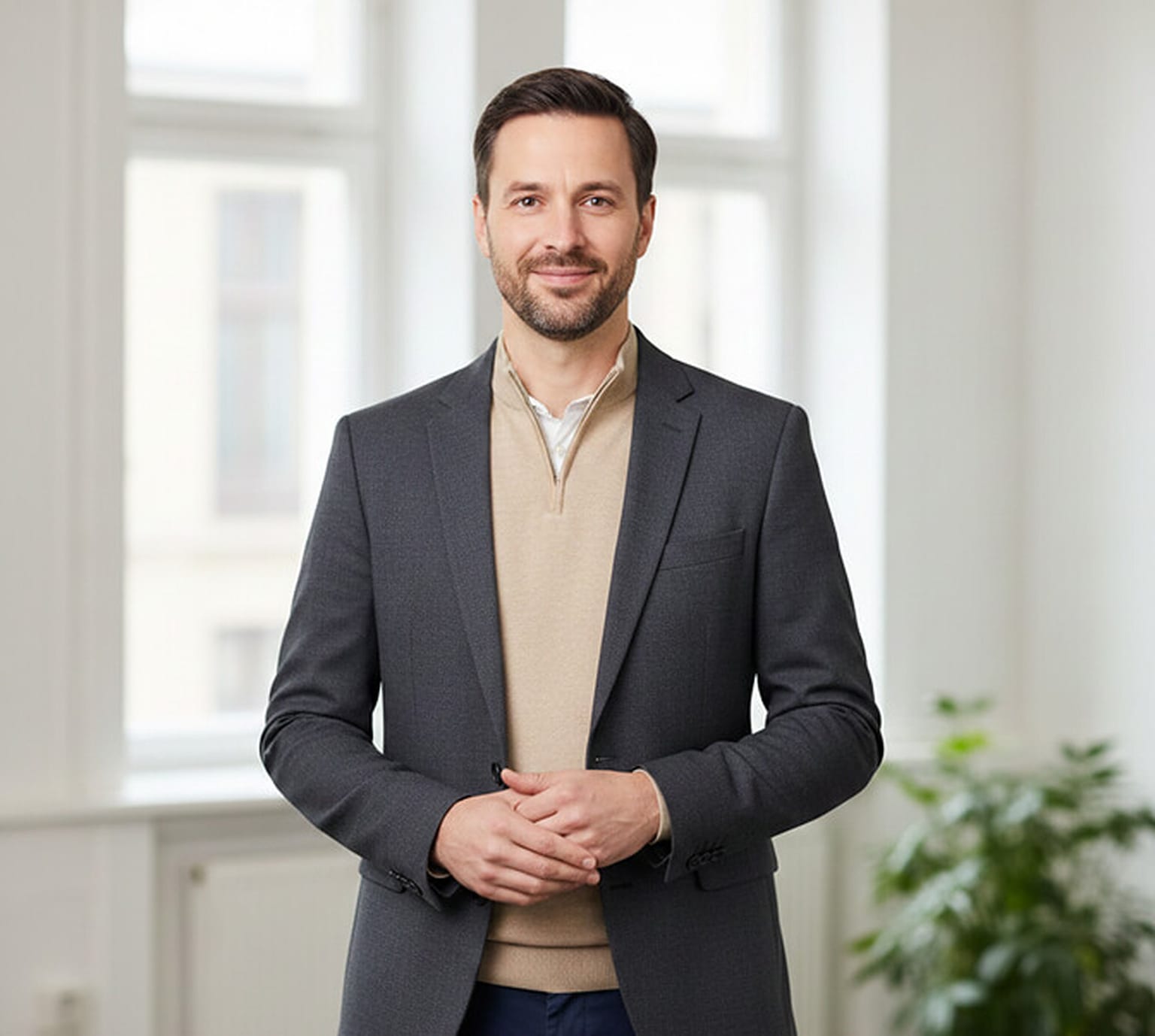 Man in a grey blazer over a tan quarter-zip sweater standing with hands loosely clasped in front of his waist in a bright office with tall windows, an approachable corporate portrait pose.
