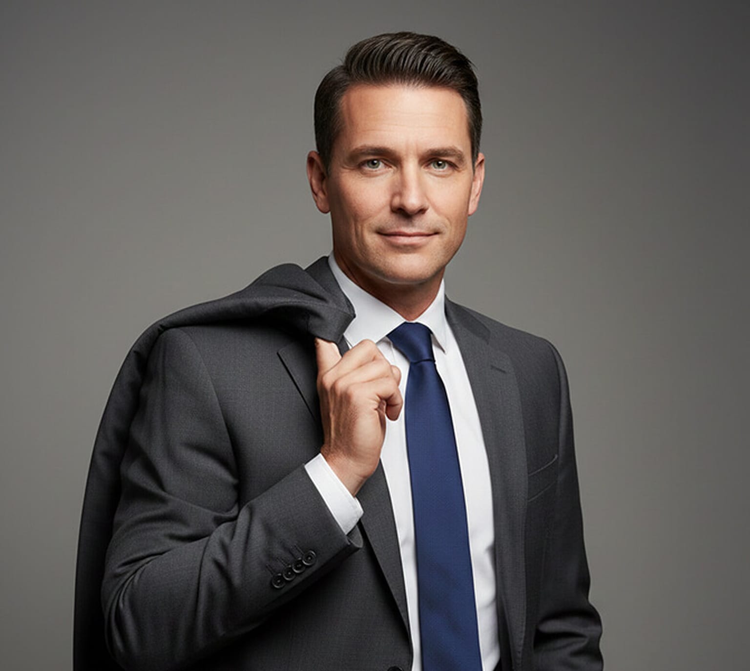 Man in a grey suit, white shirt and navy tie holding his suit jacket draped over one shoulder against a grey studio backdrop, an editorial corporate portrait pose.