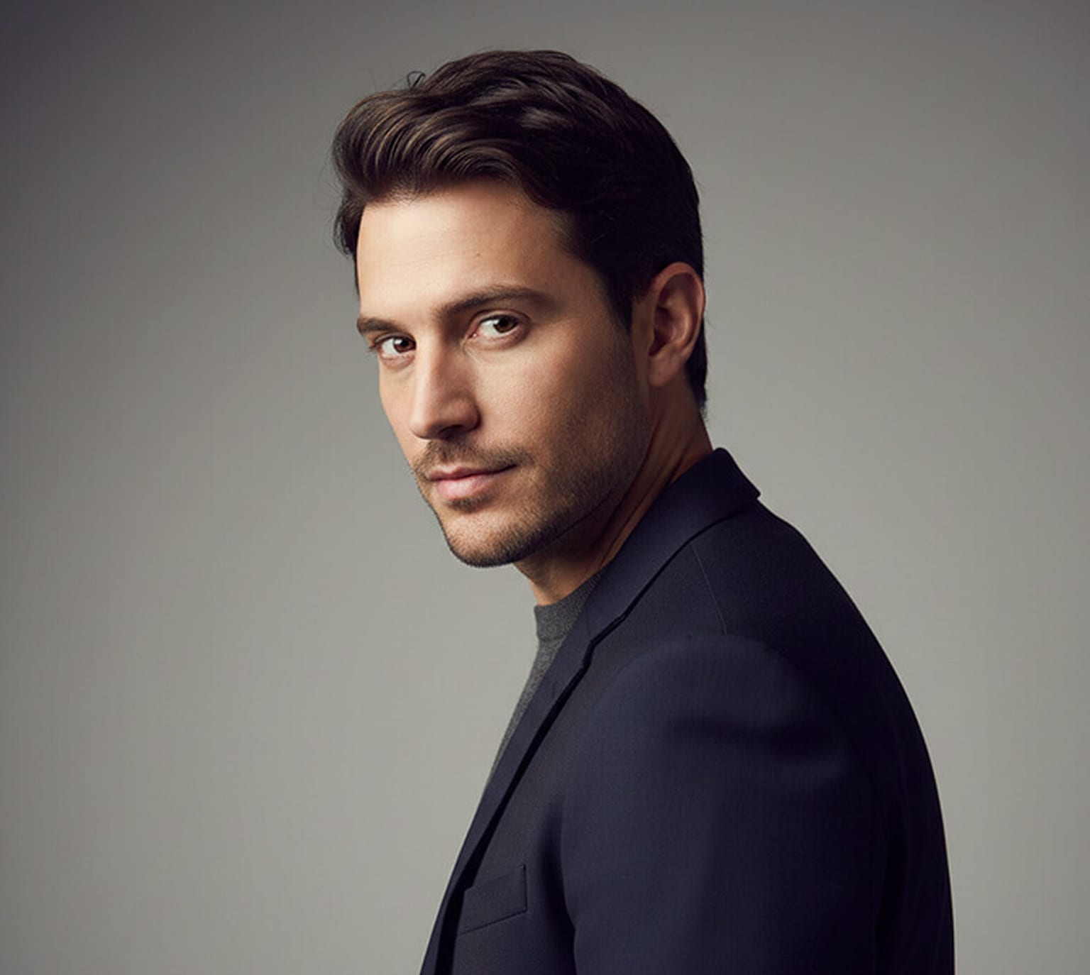 Man in a navy jacket over a grey crew-neck turned away from the camera with his head rotated back to meet the lens, shot against a grey backdrop, a dynamic corporate portrait pose.