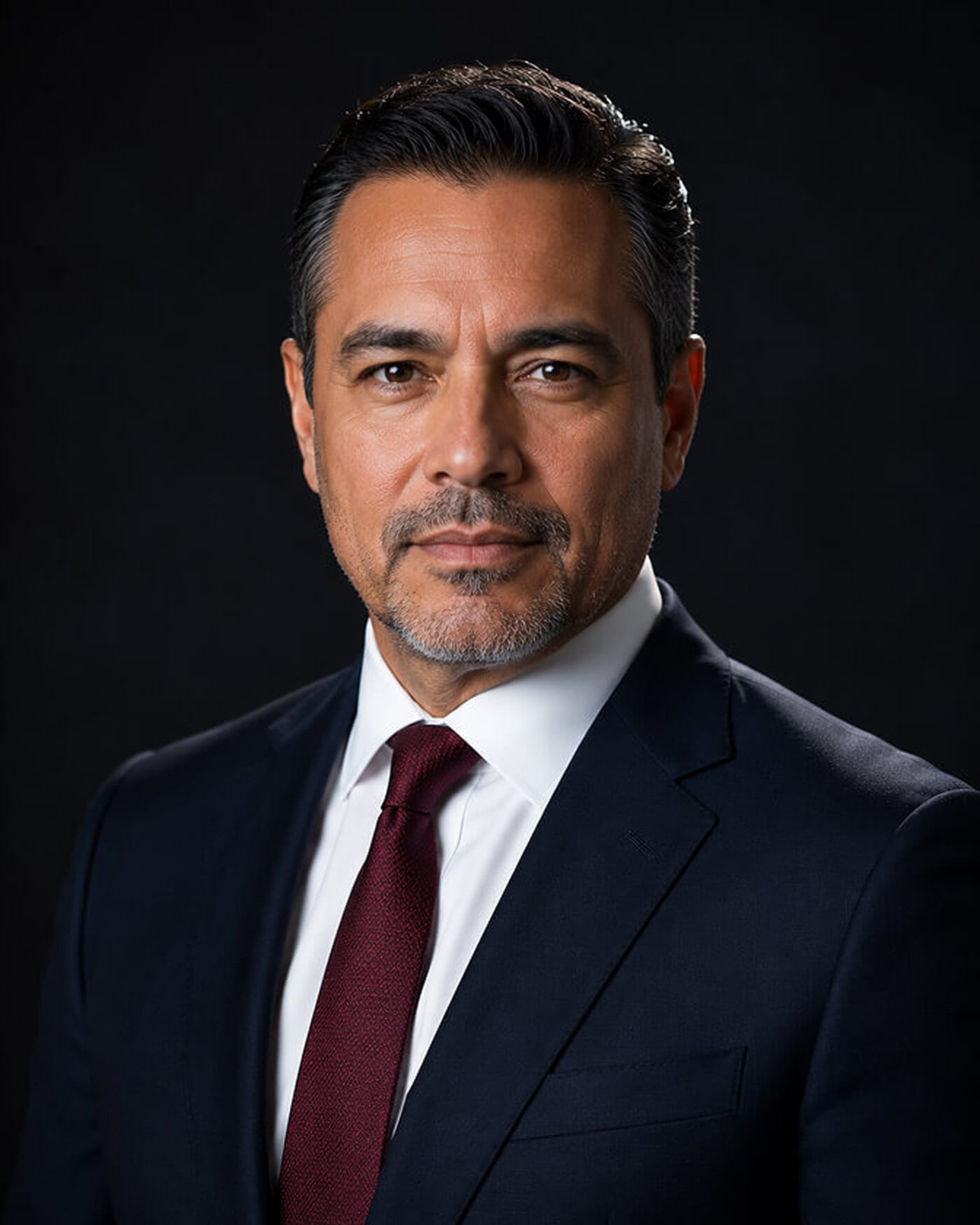Man in a navy suit, white shirt and burgundy tie holding direct eye contact with the camera against a black backdrop, demonstrating steady eye engagement in a corporate portrait.