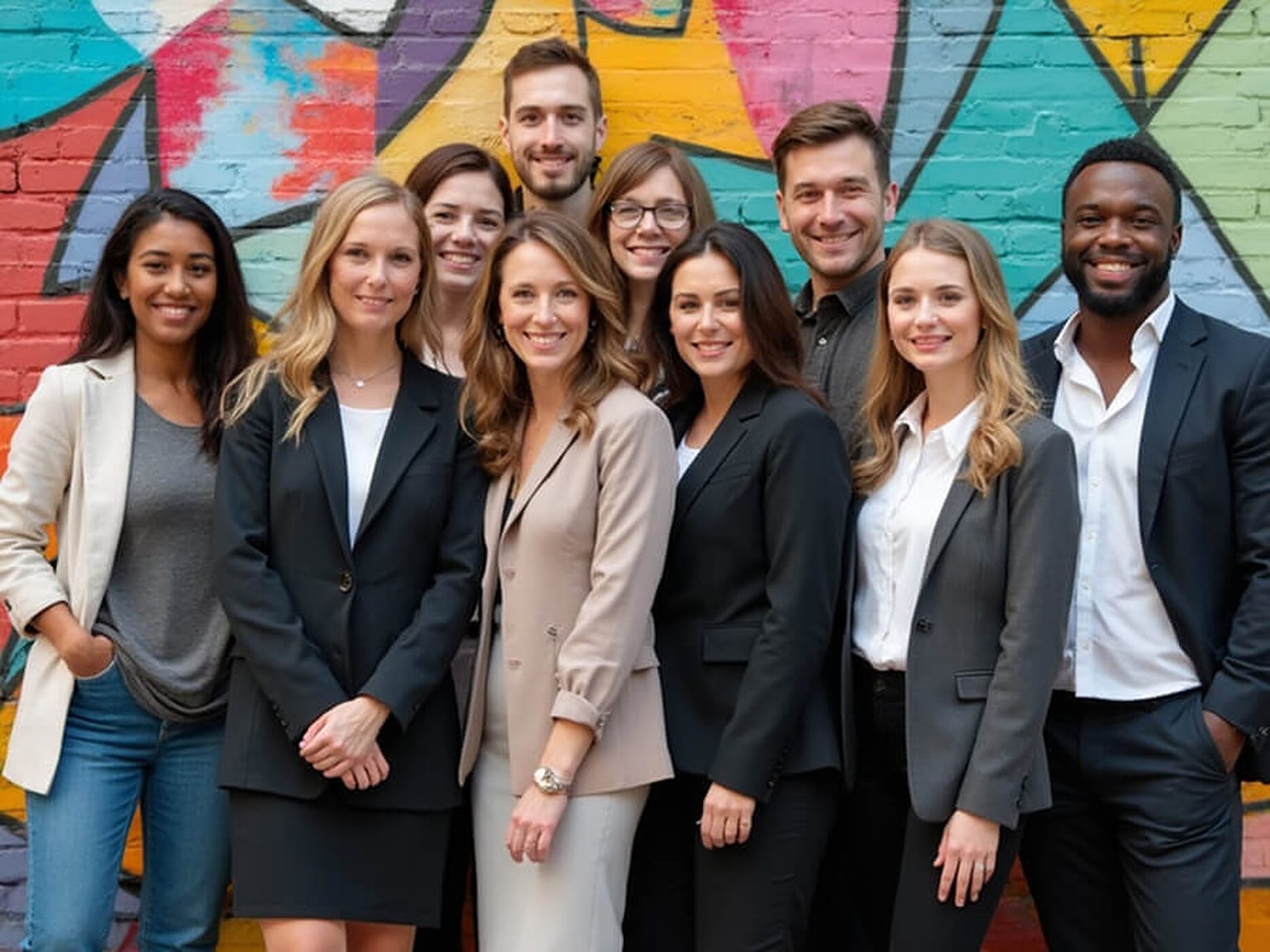 Team of eleven people in business attire standing in two rows in front of a bright graffiti mural in pink, blue, and yellow.