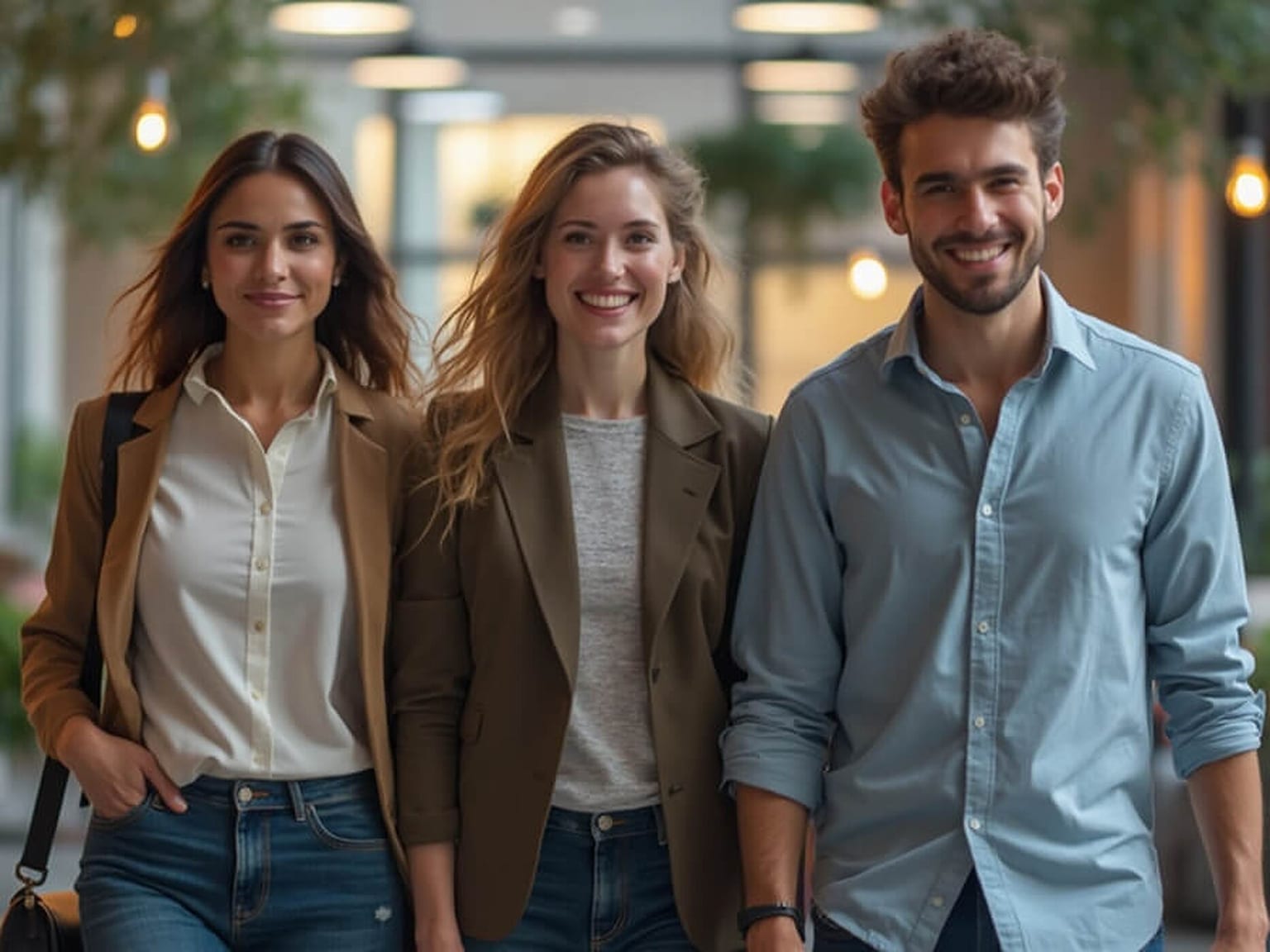 Three colleagues in business casual clothing walking side by side through an open-plan office with slight motion blur around them.