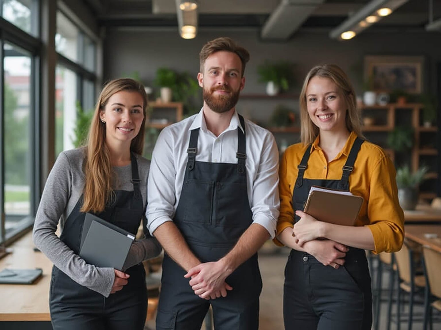 Three people wearing work aprons holding tablets and notebooks in a bright cafe-style workspace, standing casually side by side.