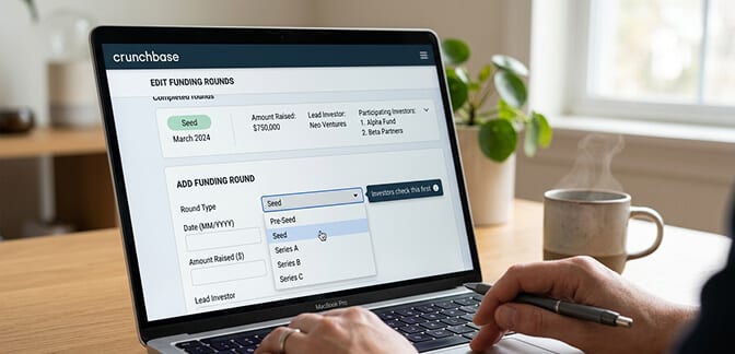 Guide to adding funding round details on Crunchbase including round type date amount and investor information
