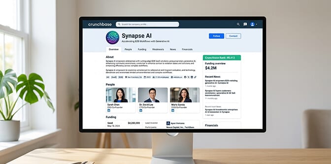 Infographic showing why Crunchbase matters for startups with stats on investor research and discoverability