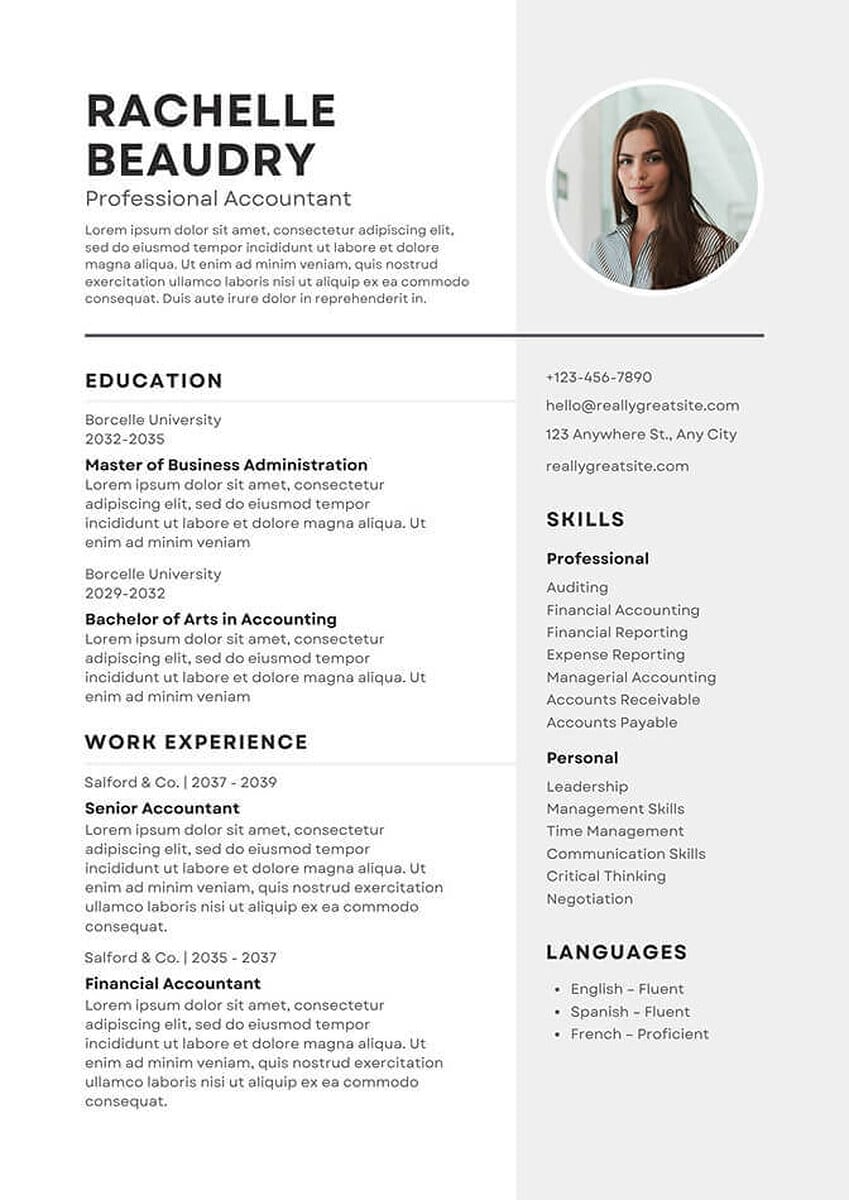Academic CV photo example: a small circular headshot of a woman in a striped shirt at the top right of a grey panel, next to a large serif name block for a professional accountant, above two columns of education, work experience, skills, and languages.
