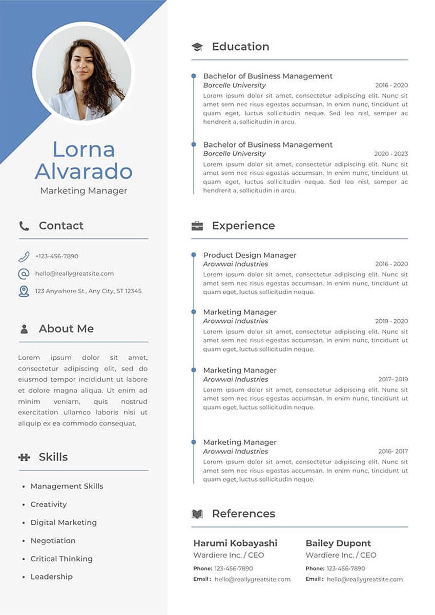 Corporate CV photo example: a large circular headshot of a woman in a pale blazer set into a blue angled header block above her name and job title, with contact details, an about-me summary and skills running down a left sidebar.