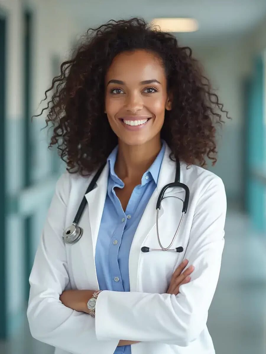 AI-generated CV photo example: woman in a white coat with a stethoscope, an industry-specific CV photo for healthcare roles