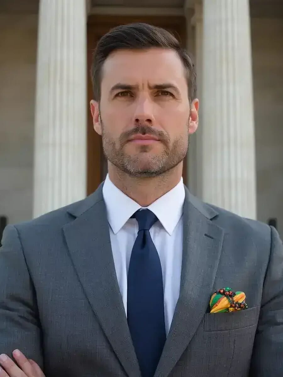 AI-generated CV photo example: man in a grey suit, white shirt and navy tie with a pocket square, a formal CV photo for finance and law
