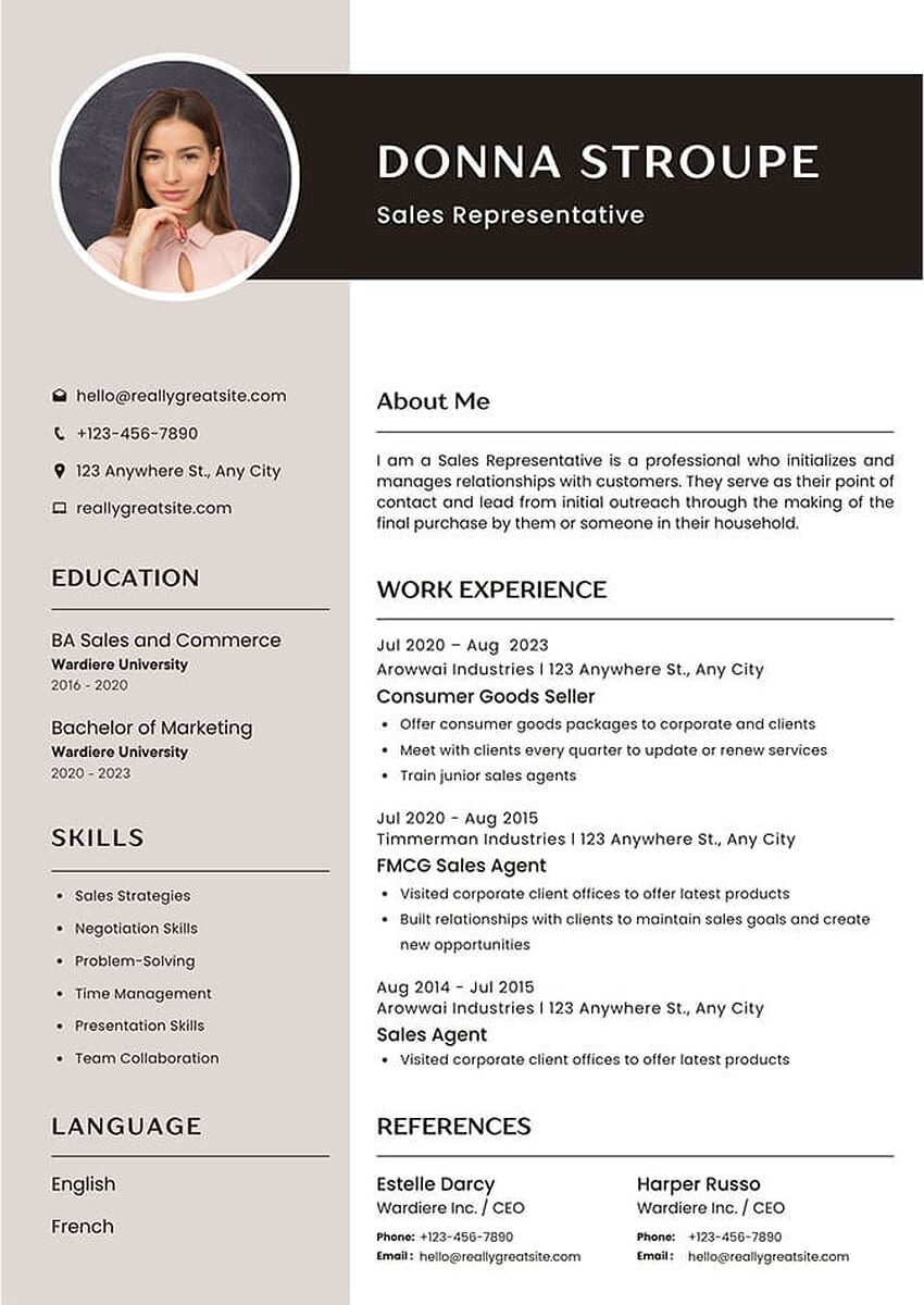 Modern CV photo example: a circular headshot of a woman in a blush shirt overlapping a dark brown banner that carries her name and sales representative job title, on a template with a muted beige sidebar for contact details, education, and skills.