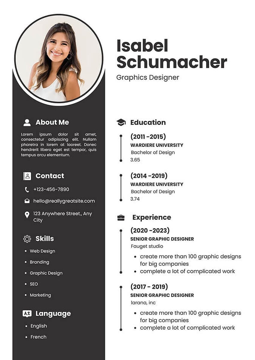 Multi-column CV photo example: a large circular headshot of a smiling woman in a white top at the top of a full-height charcoal sidebar containing about-me, contact, skills, and language sections, beside a white column with a timeline of education and experience.